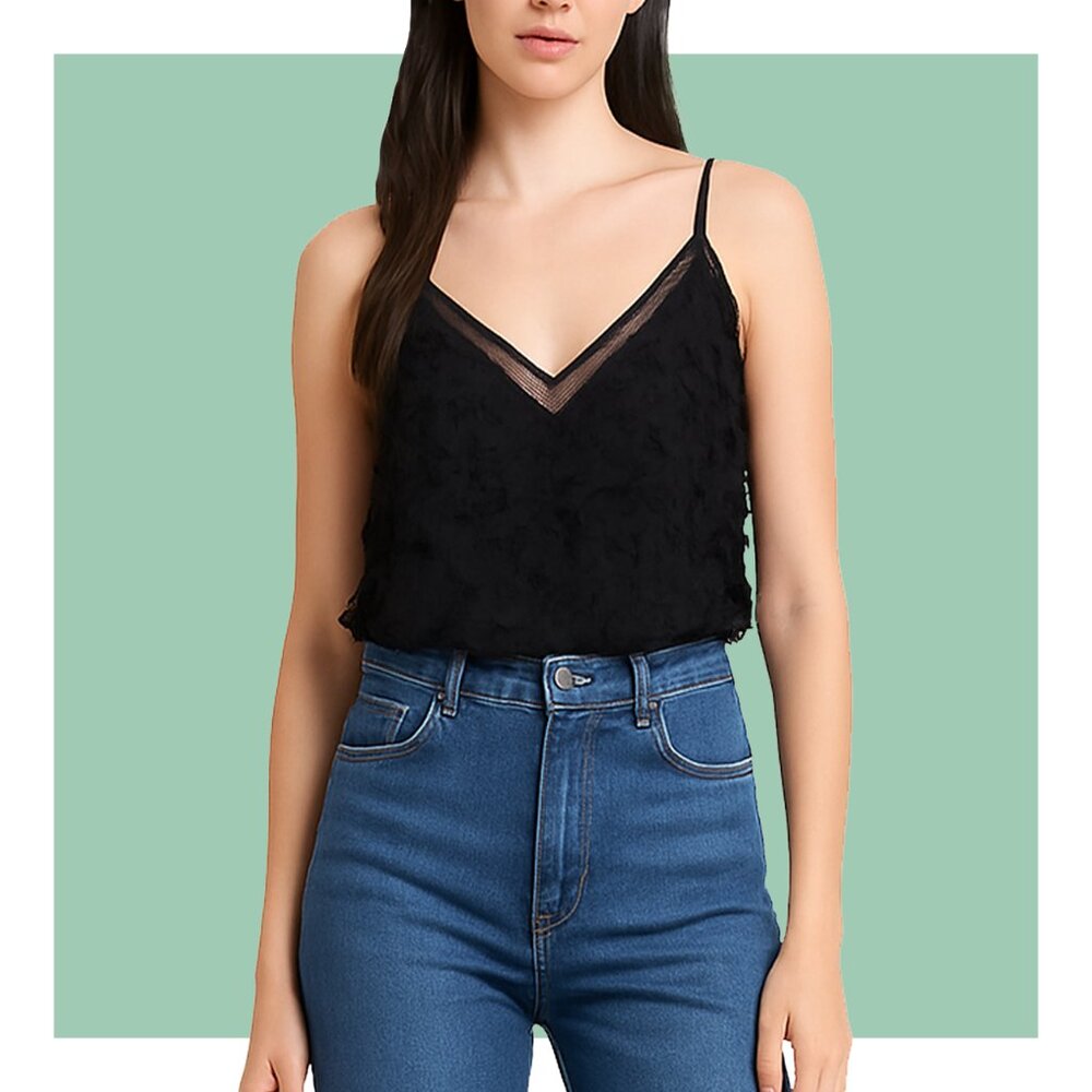1. State Black Bohemian Furry Fringe Accent Sheer Panel Deep V Neck Camisole